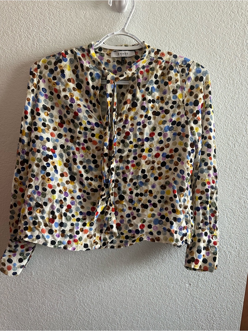 Brass Multicolor Dot Tie-uNeck Blouse - White